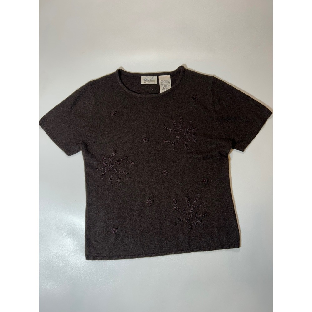 Kathie Lee Sweater Top Womens Medium Brown Excellent Embroidered Floral Knit